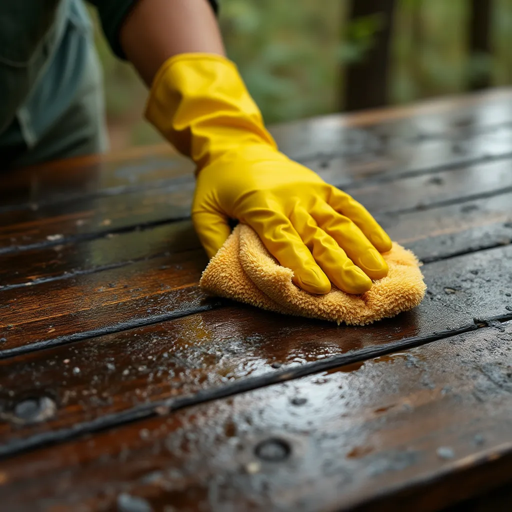 Detalle de limpieza en superficie de madera pulida